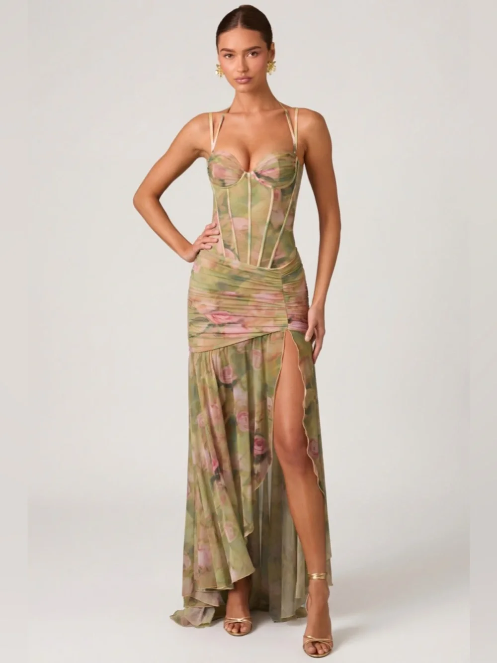 Oh Polly Haruna Ruched Asymmetric Corset Gown in Floral Multi Print - Picture 1 of 8
